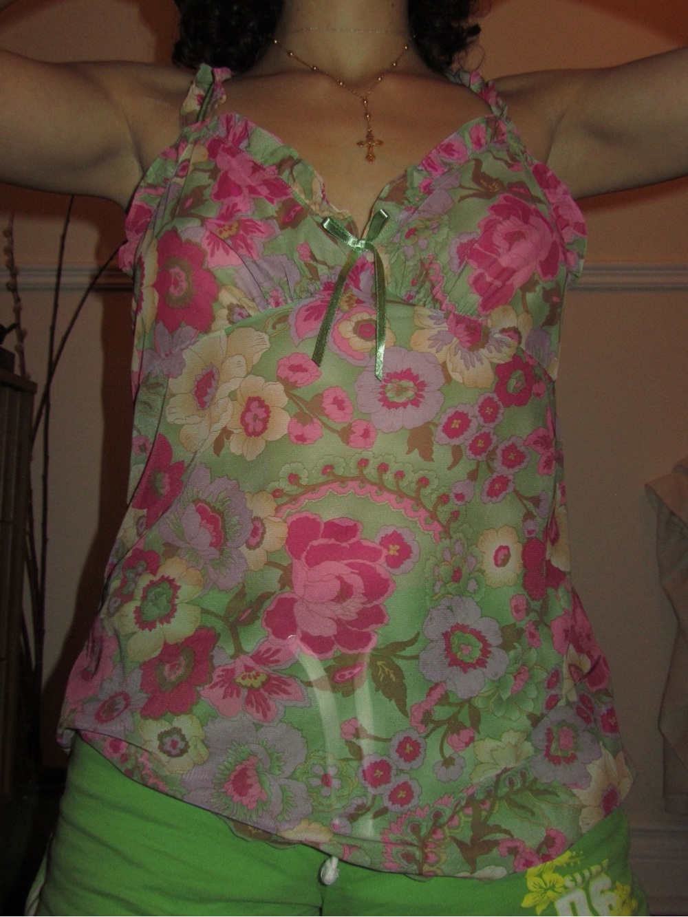 Vintage Floral Mesh Chemise Tank Top - Green & Pink